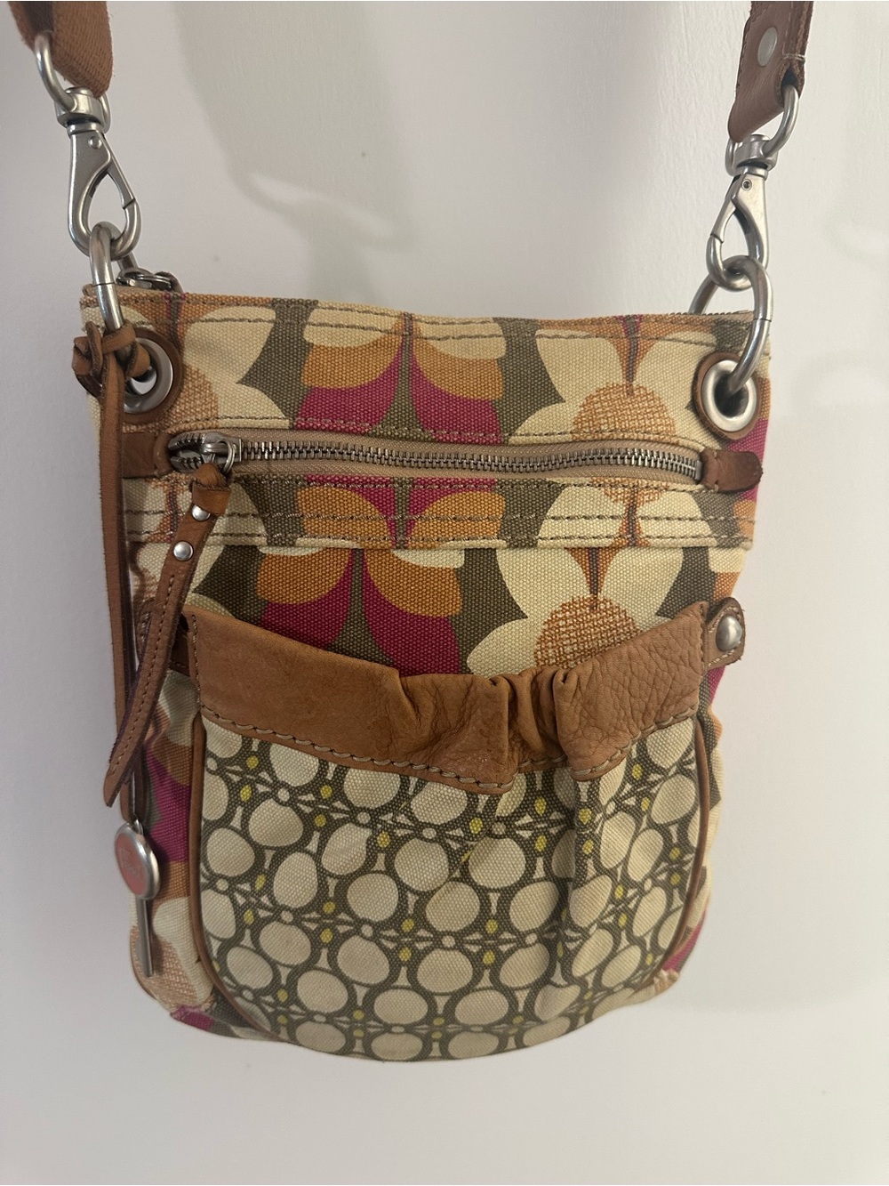 Fossil Multicolor Canvas Crossbody with Tan Strap